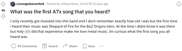 An A7X fan reaching out to other fans on Reddit