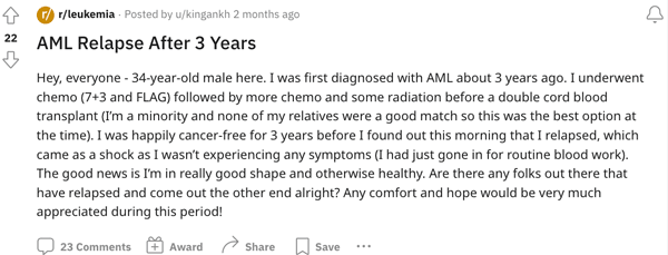 A Redditor discussing their AML relapse