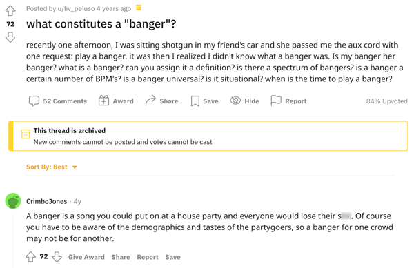 Reddit users discussing what makes a banger a banger