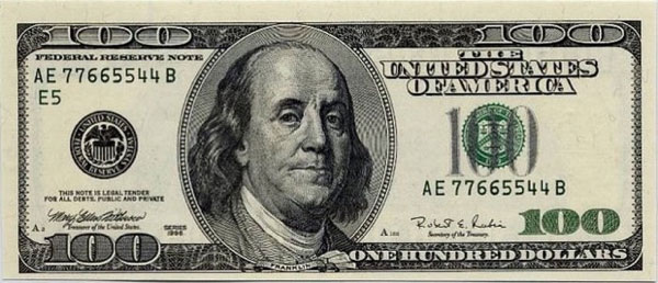 $100 bill featuring Benjamin Franklin