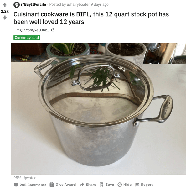 A Reddit user showing off some BIFL cookware