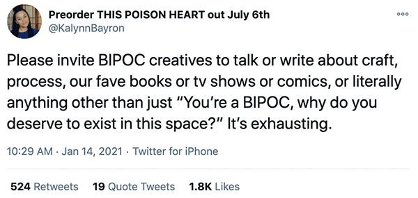 Tweet about BIPOC creatives