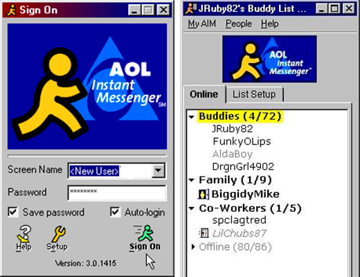 AIM login on the left and buddy list on the right