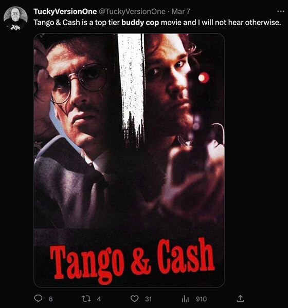 Tango &amp; Cash buddy cop appreciation tweet
