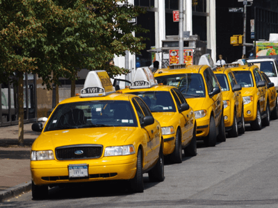 Line of yellow cabs in New York City