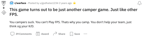 Many gamers do not hold a high opinion of campers