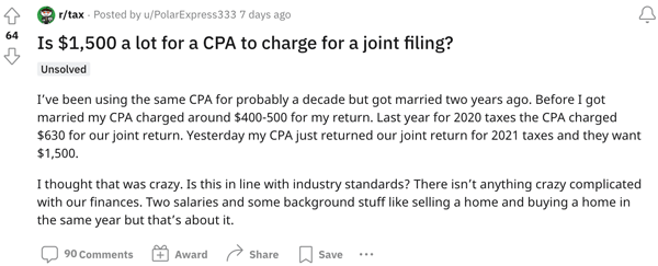 A Redditor inquiring about a CPA's tax prep prices