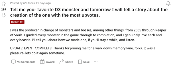 A D3 producer discussing the game in the Diablo subreddit