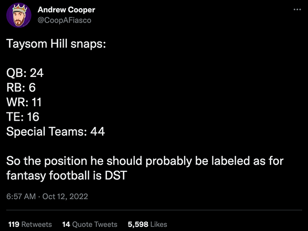 Tweet arguing that Hill should be a DST in FFB