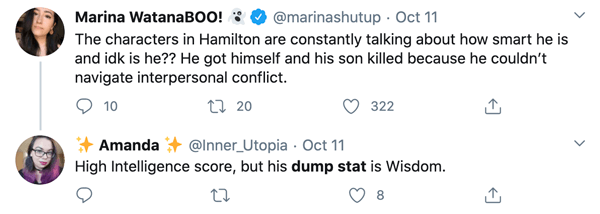 A Twitter user explaining Alexander Hamilton's dump stat