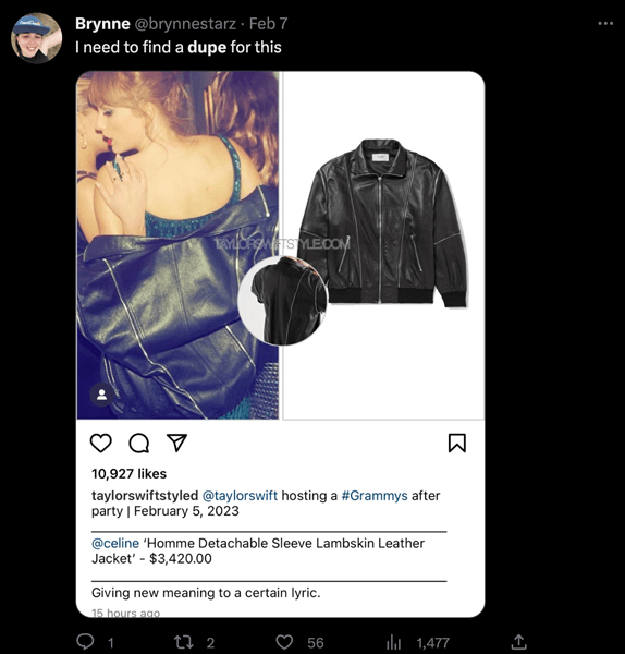 A Twitter user searching for a dupe to T Swift's (crazy expensive) jacket