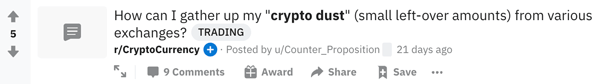 A Reddit user wondering what to do with their crypto dust