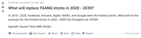 A reference to FAANG stocks on Reddit