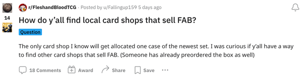 A gamer searching for stores that carry FaB