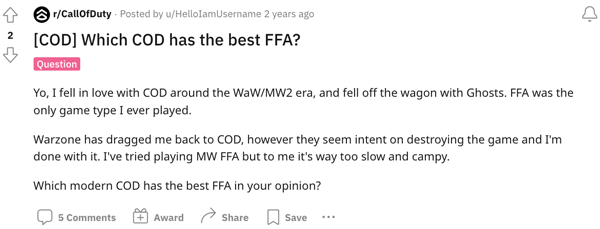 A CoD fan asking which entry has the best FFA mode