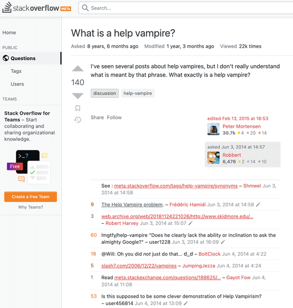 A discussion of help vampires on Stack Overflow