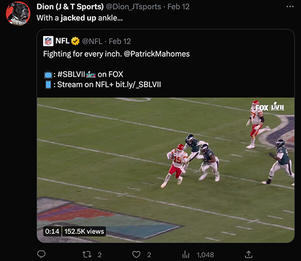 Tweet about Mahomes' jacked up ankle