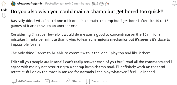 A LoL player discussing their inability to stick with one main