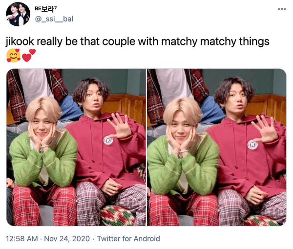 Those who ship BTS's JiKook note that the idols are often matchy-matchy