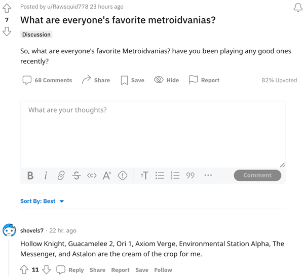 Gamers discussing their favorite Metroidvanias on Reddit