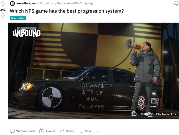 A gamer discussing NFS on Reddit