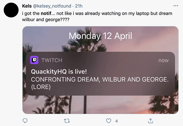 Tweet about a Twitch streaming notif
