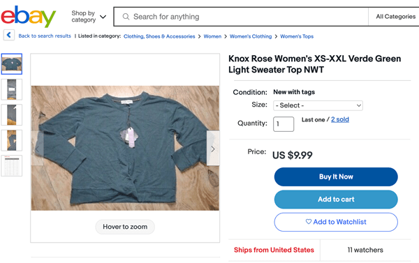 A NWT sweater being sold on eBay