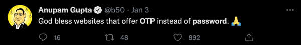 A Twitter user praising OTPs