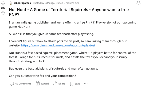 A game designer offering a PnP version of their game on Reddit