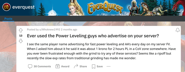 An EverQuest player who is considering paying a power leveling service