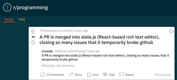 Developers discussing a noteworthy PR in the r/Programming subreddit