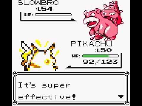 Pikachu using a super effective move on Slowbro