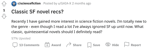 A Redditor asking for some SF recs