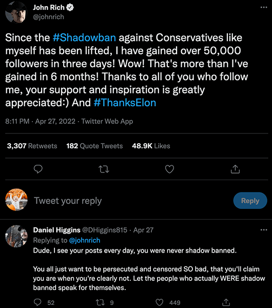 John Rich complaining about being shadowbanned on Twitter