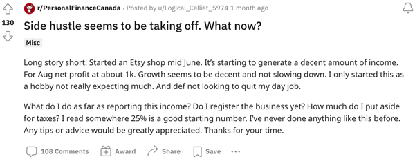 A Redditor discussing their side hustle