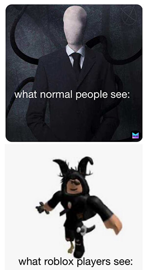 Meme showing the original slender (top) and a Roblox slender