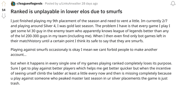 A LoL player decrying the ability to smurf