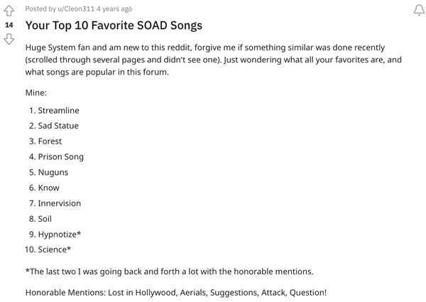 A SOAD fan listing their favorite songs