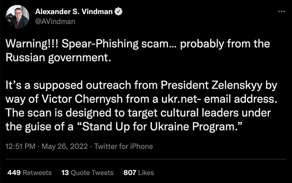 Tweet warning about spear phishing