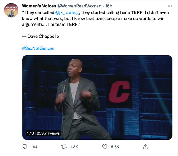 Tweet about Chappelle's Terf comments