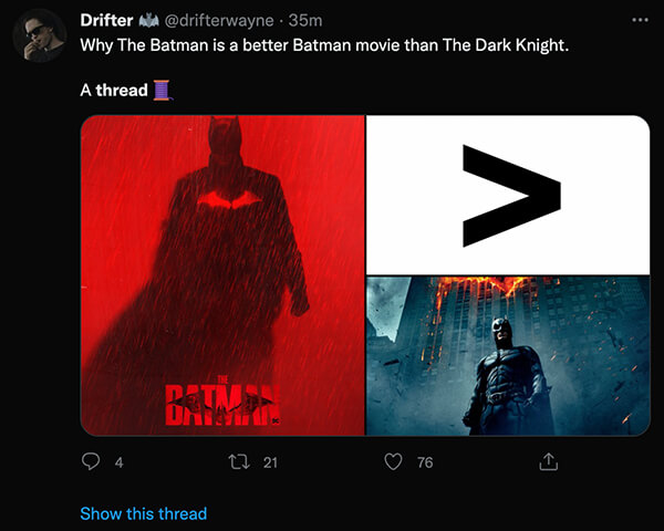 A Twitter thread tease comparing Batman movies