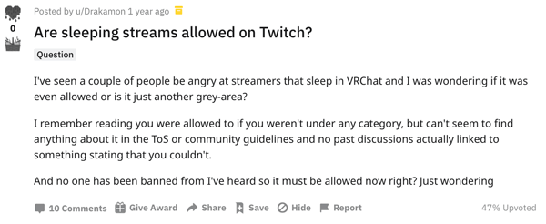 Apparently, sleeping streams do not violate the Twitch TOS