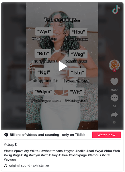 An example use of WTT and other TikTok slang