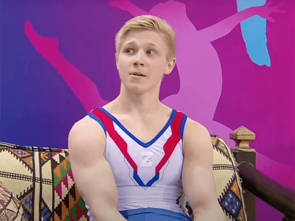 Russian gymnast with the Z symbol on his uniform