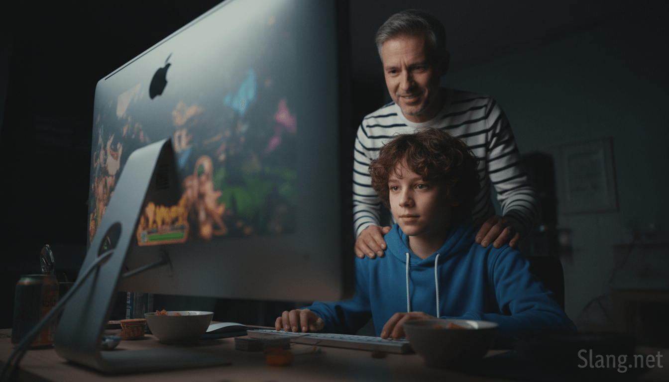 A tween at a computer using 9 with their parent behind him