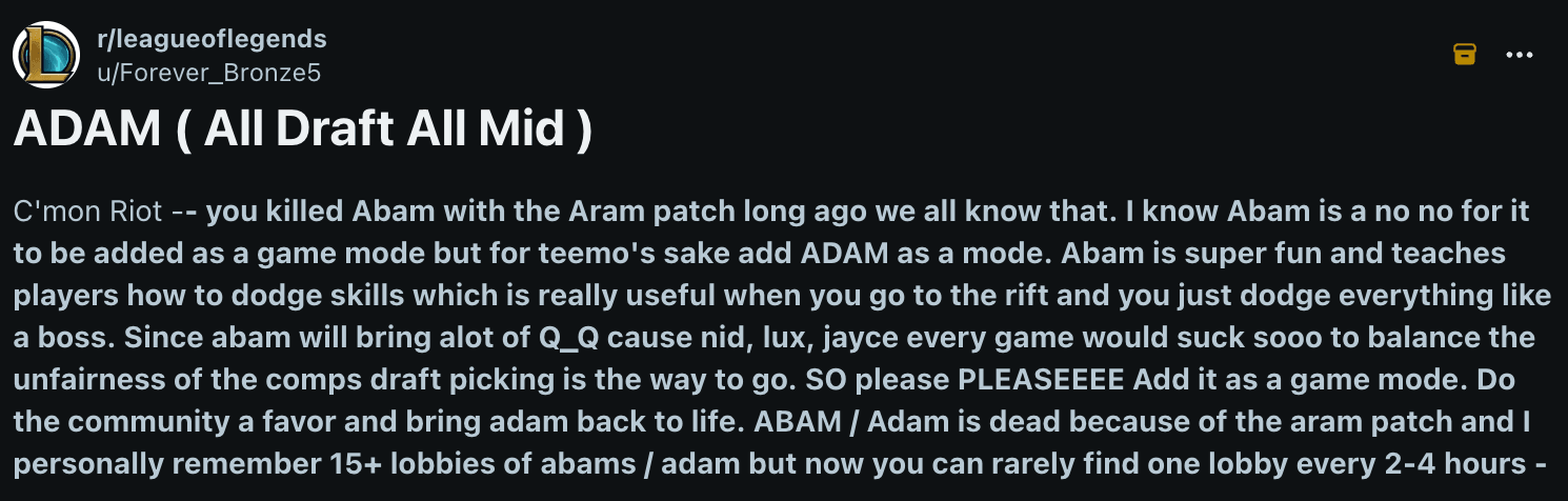 Redditor posting about ADAM