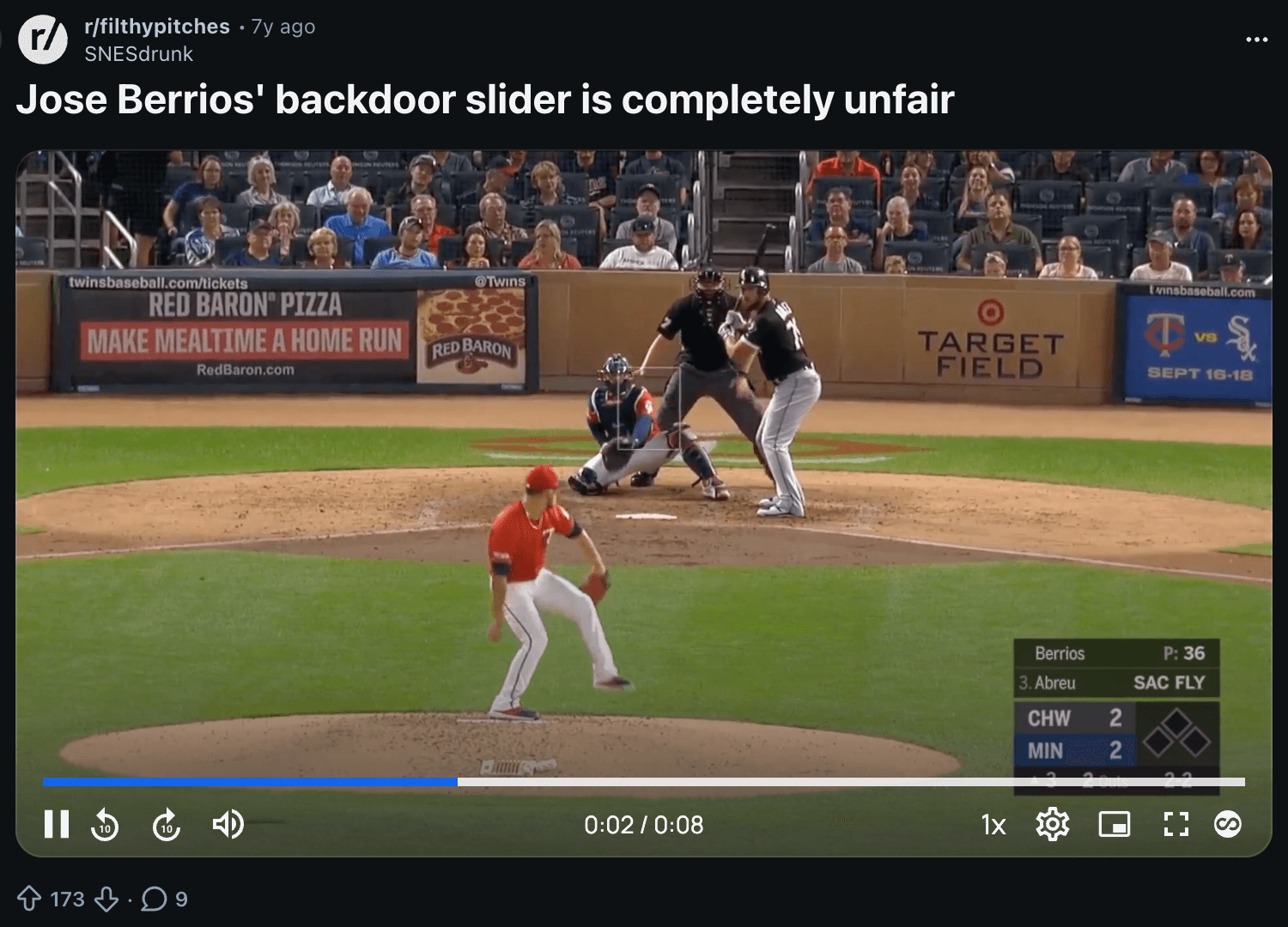 Redditor complimenting Berrios' backdoor slider