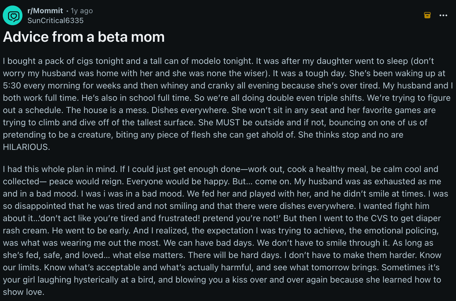 Reddit admission from a beta mom