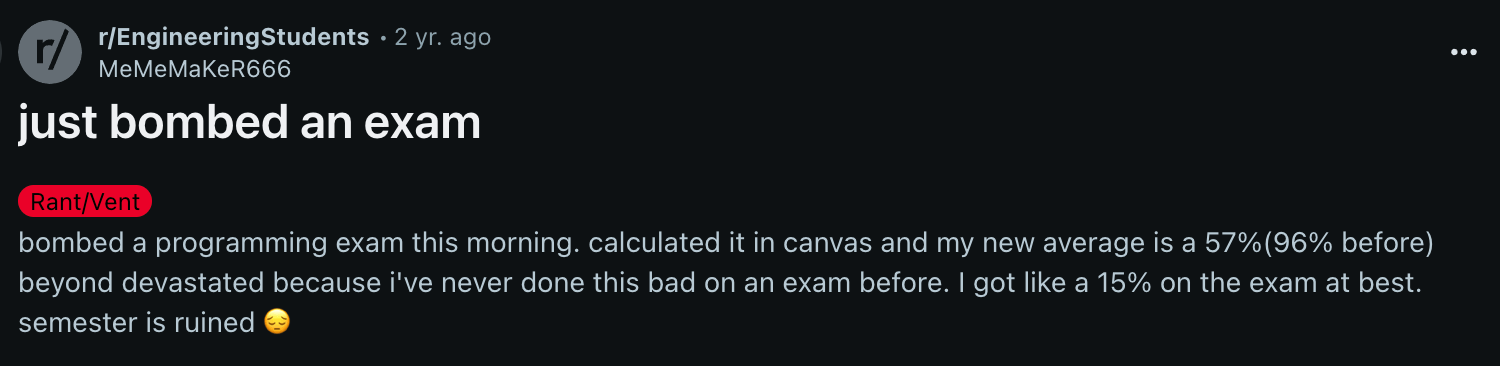 Redditor shares that they bombed an exam