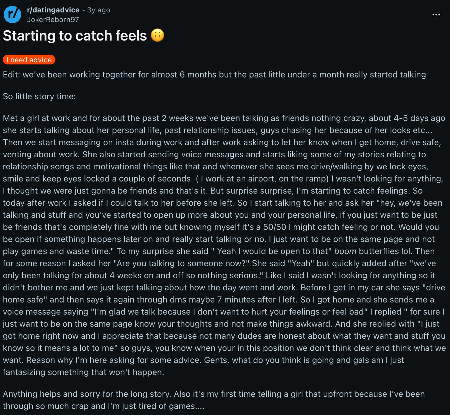 Redditor sharing that they are starting to catch feels